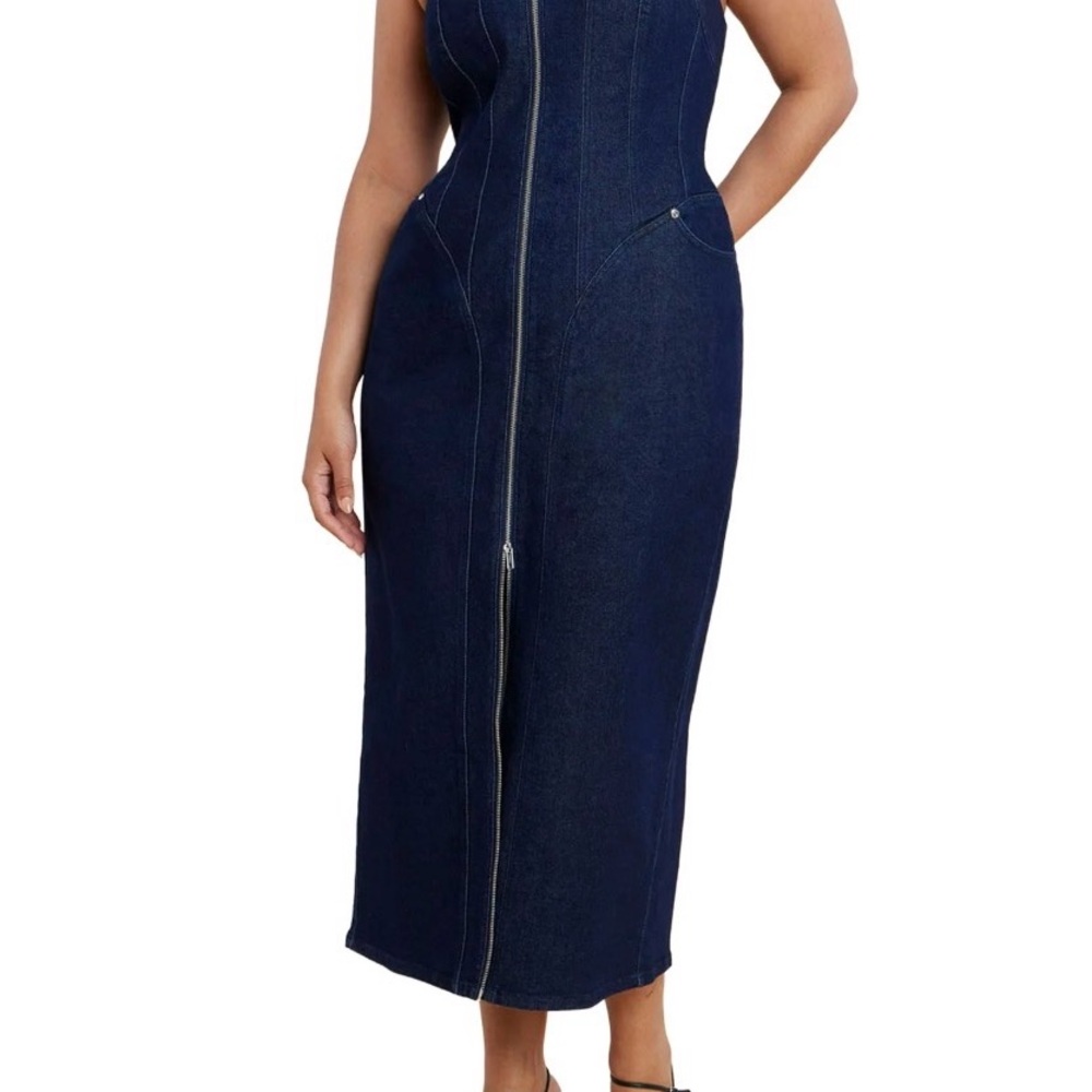 Eloquii Dark Indigo Denim Maxi Dress with Front Zip